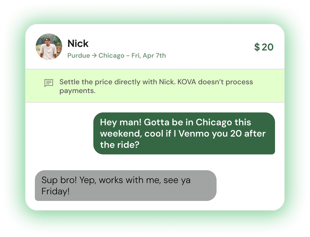 Chat thread agreeing on a ride price