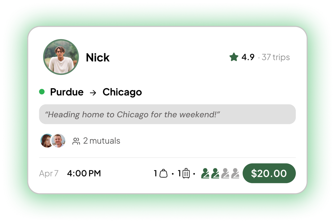 A posted ride from a verified Purdue student